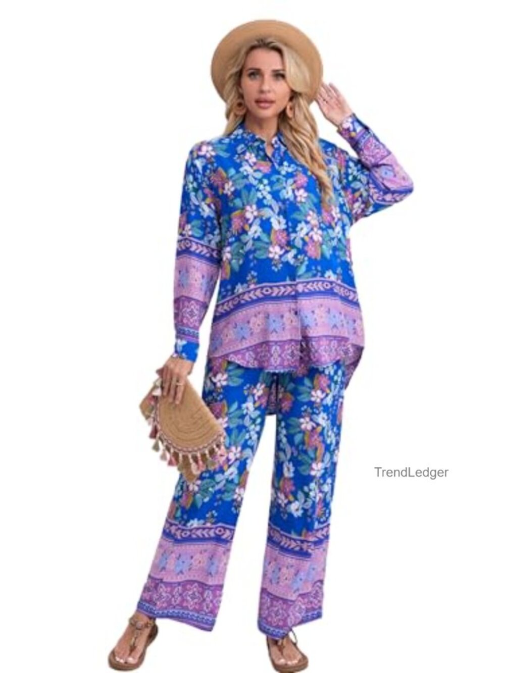 Women's Boho 2 Piece Set Long Sleeve Top Wide Leg Pants 100% Rayon Relaxed